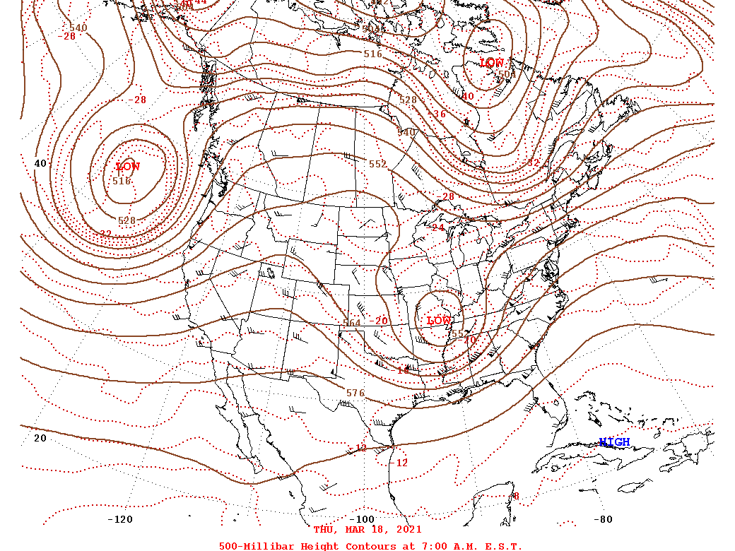 Daily 7:00 AM  E.S.T. 500-Millibar Height Contour Map