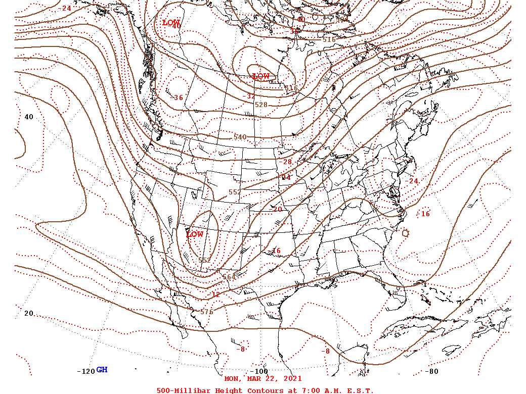 Daily 7:00 AM  E.S.T. 500-Millibar Height Contour Map