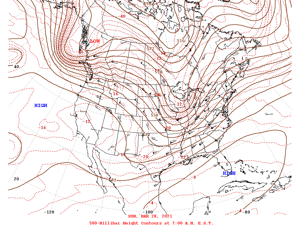 Daily 7:00 AM  E.S.T. 500-Millibar Height Contour Map