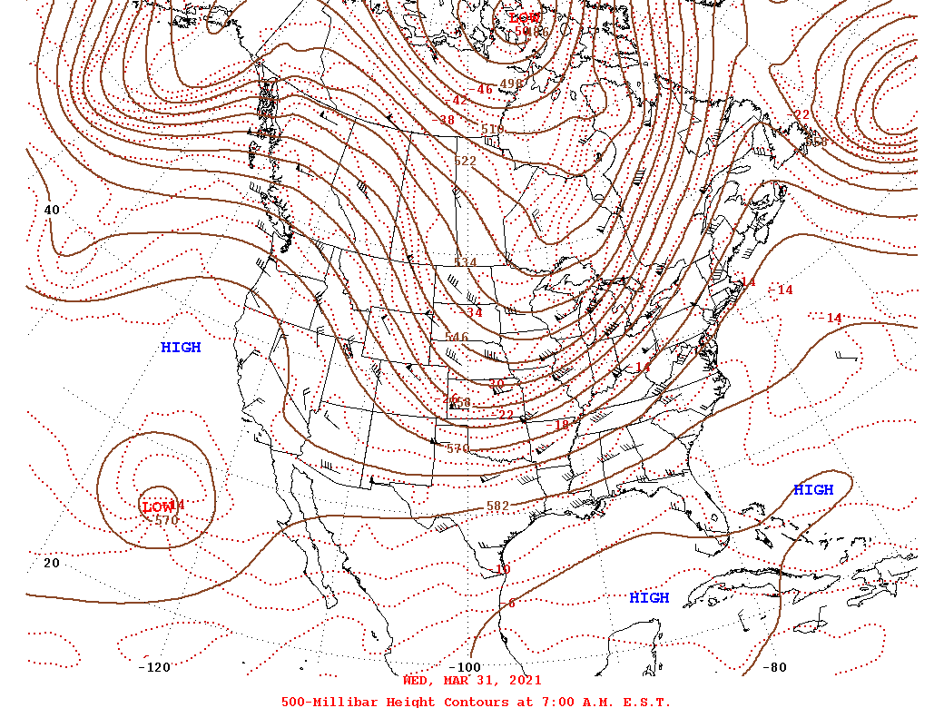Daily 7:00 AM  E.S.T. 500-Millibar Height Contour Map