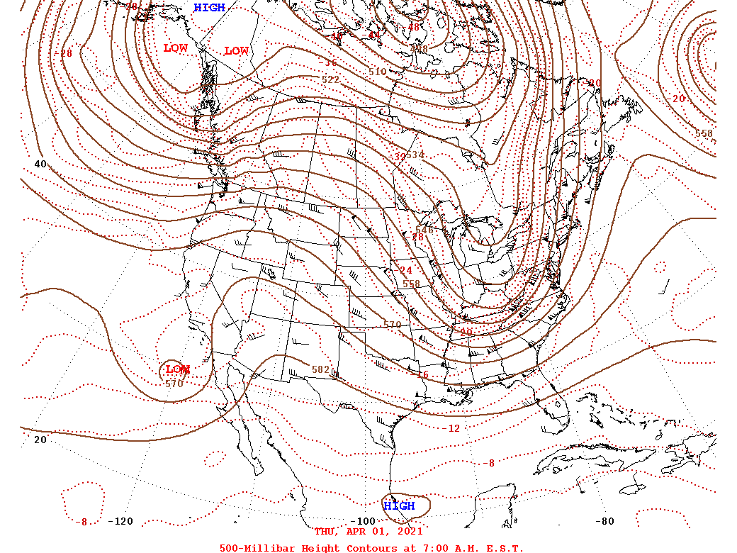 Daily 7:00 AM  E.S.T. 500-Millibar Height Contour Map