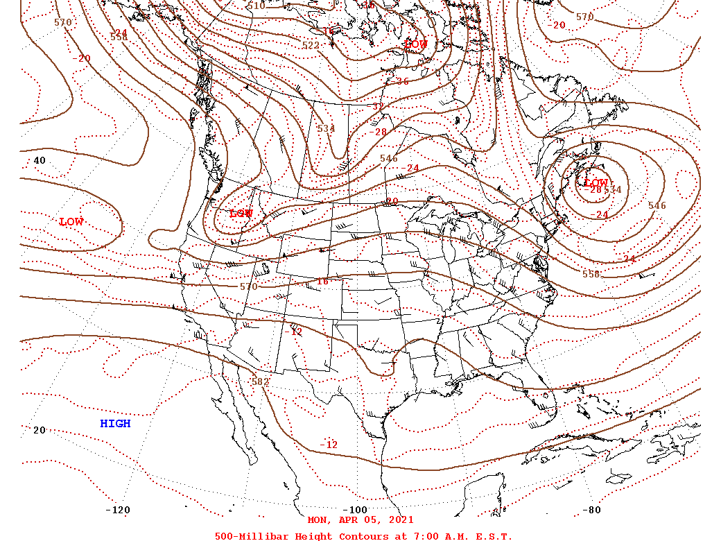 Daily 7:00 AM  E.S.T. 500-Millibar Height Contour Map