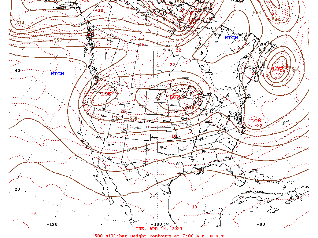 Daily 7:00 AM  E.S.T. 500-Millibar Height Contour Map