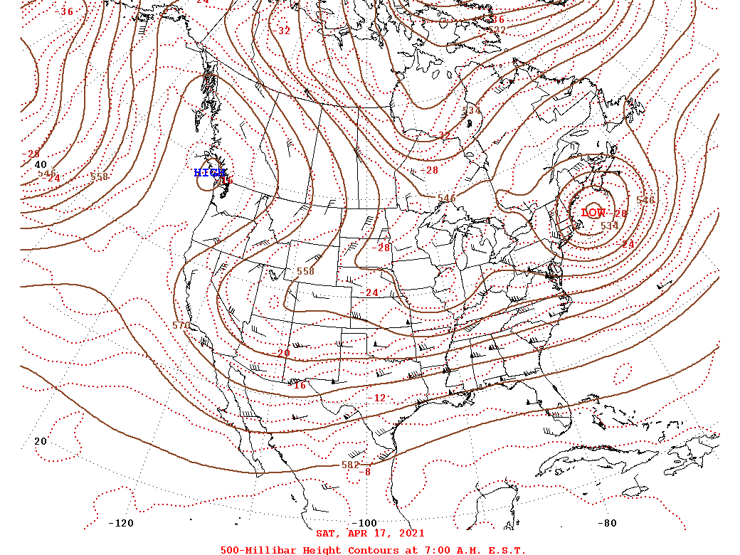 Daily 7:00 AM  E.S.T. 500-Millibar Height Contour Map