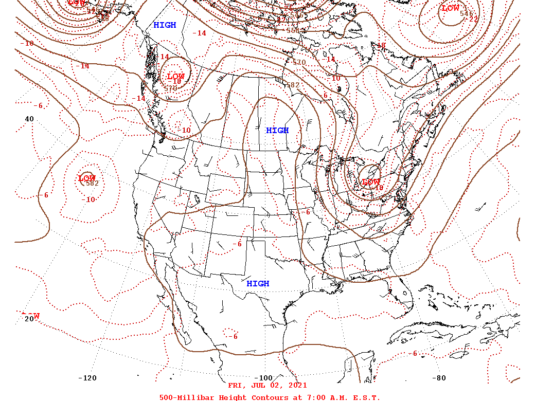 Daily 7:00 AM  E.S.T. 500-Millibar Height Contour Map