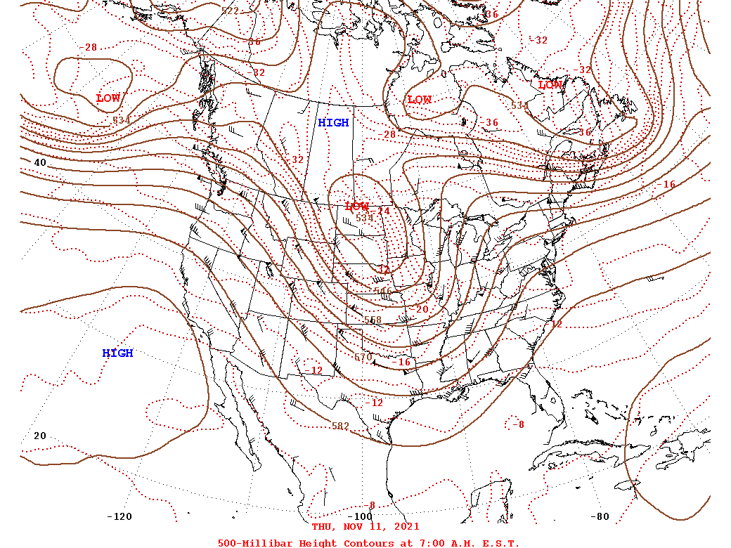 Daily 7:00 AM  E.S.T. 500-Millibar Height Contour Map