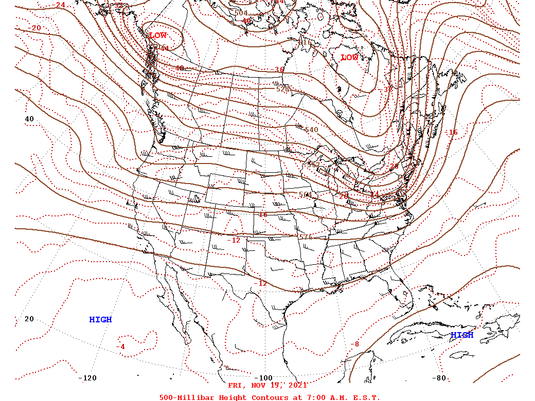 Daily 7:00 AM  E.S.T. 500-Millibar Height Contour Map