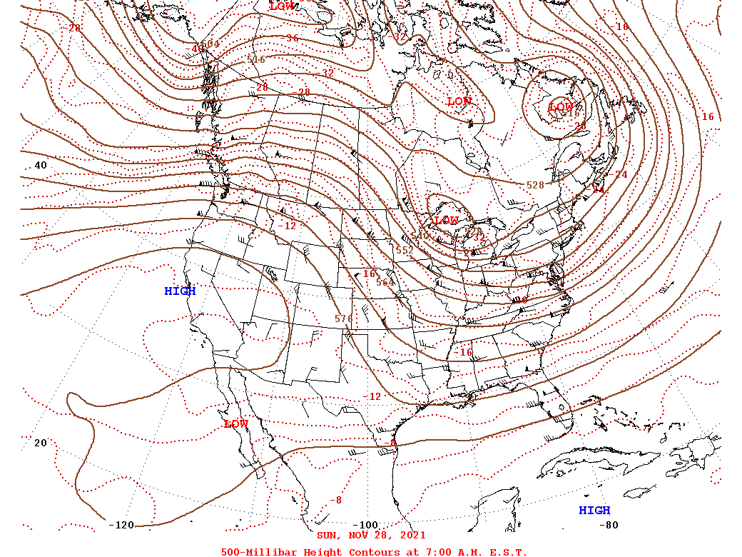 Daily 7:00 AM  E.S.T. 500-Millibar Height Contour Map