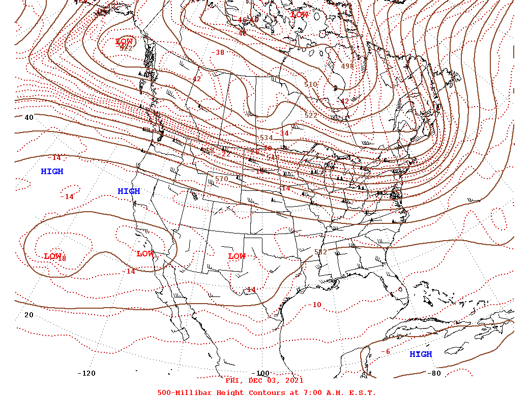 Daily 7:00 AM  E.S.T. 500-Millibar Height Contour Map