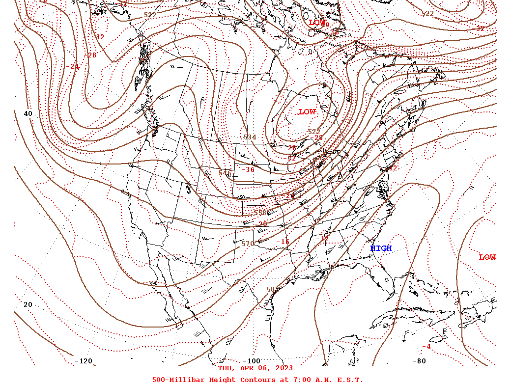 Daily 7:00 AM  E.S.T. 500-Millibar Height Contour Map