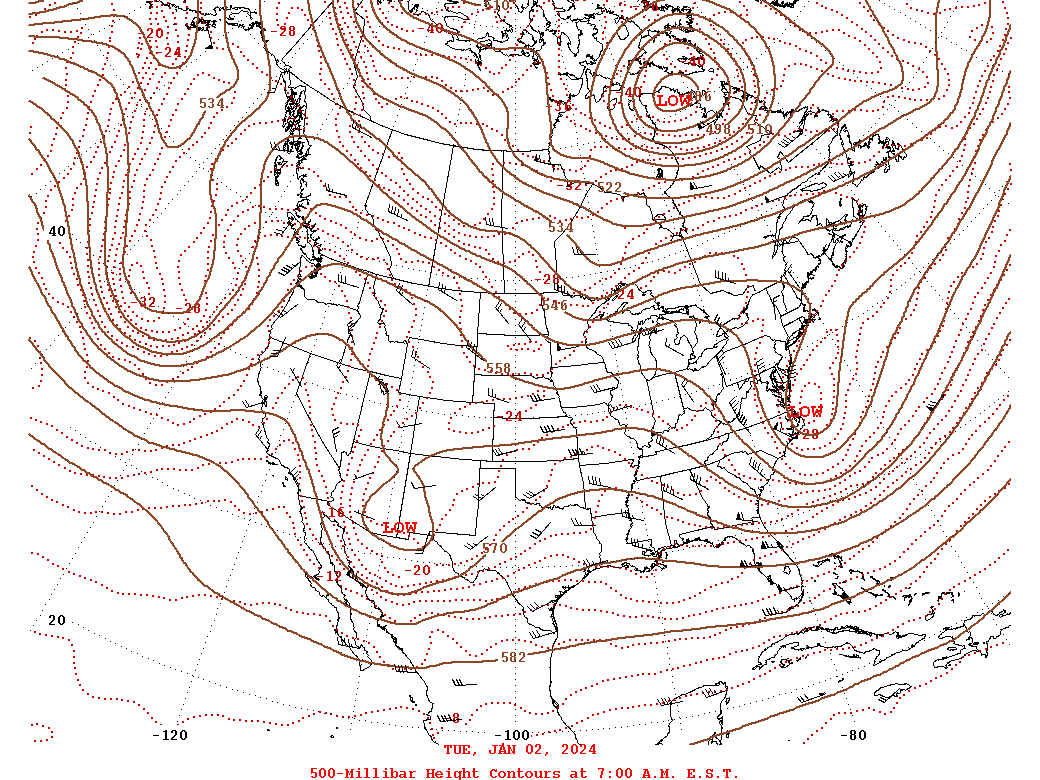 Daily 7:00 AM  E.S.T. 500-Millibar Height Contour Map