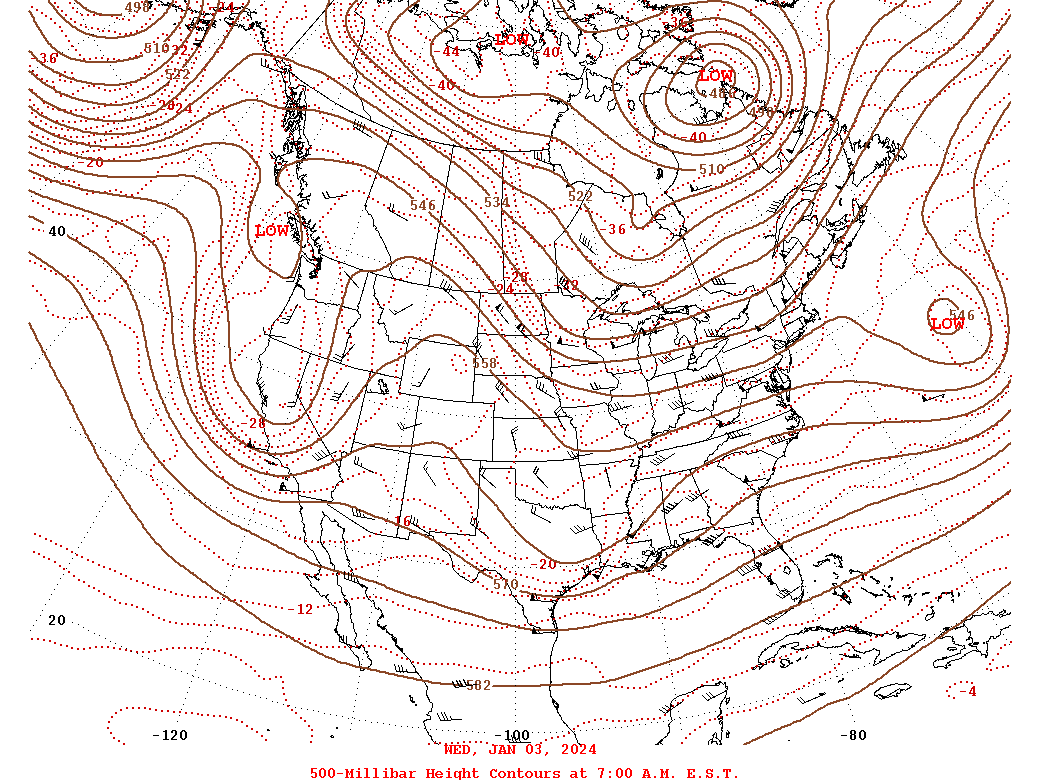 Daily 7:00 AM  E.S.T. 500-Millibar Height Contour Map