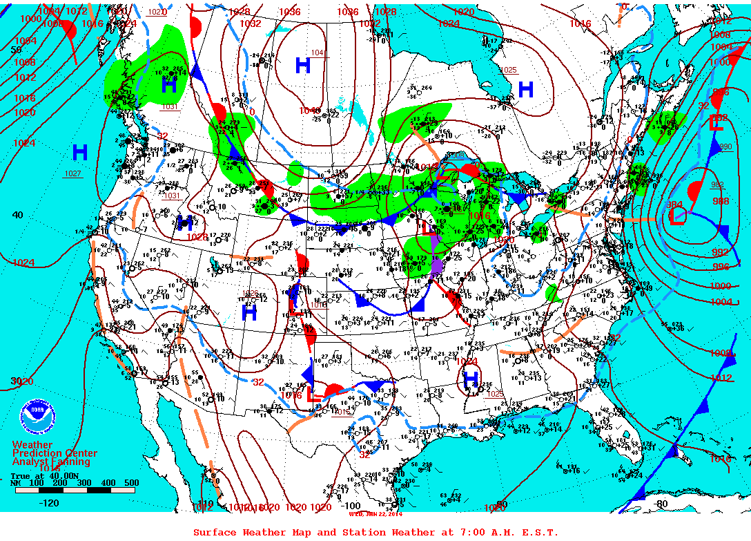 Daily 7:00 AM E.S.T. Surface Map and Station Weather
