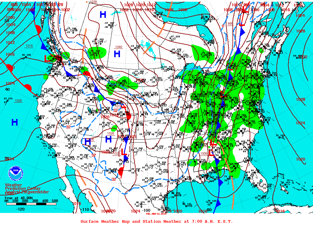 Daily 7:00 AM E.S.T. Surface Map and Station Weather