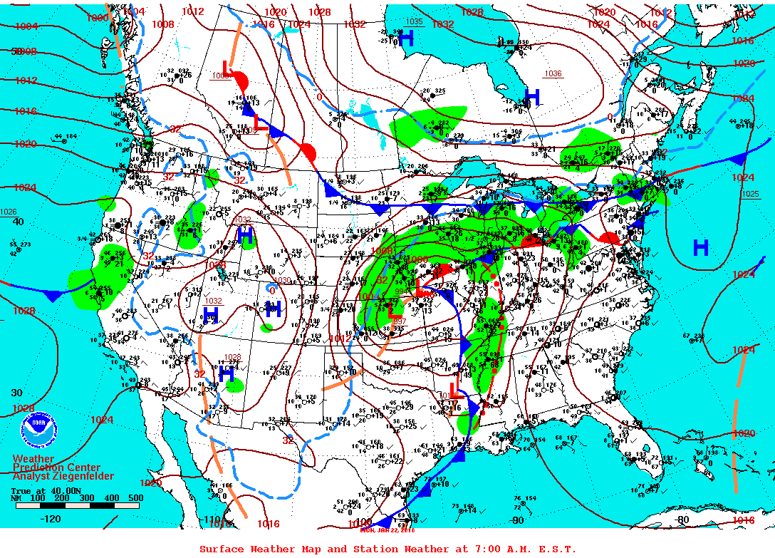Daily 7:00 AM E.S.T. Surface Map and Station Weather