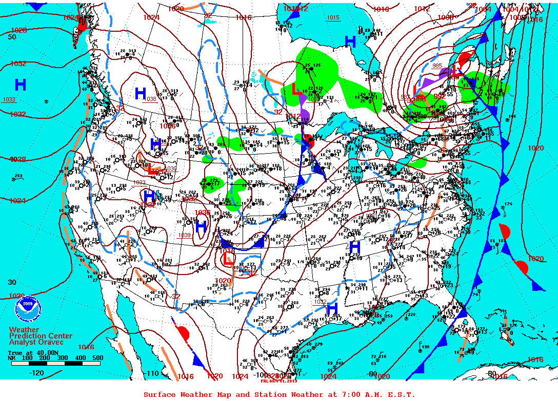 Daily 7:00 AM E.S.T. Surface Map and Station Weather