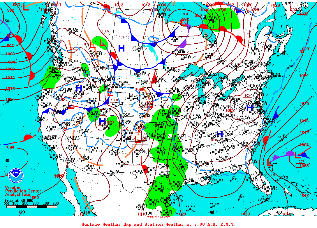 Daily 7:00 AM E.S.T. Surface Map and Station Weather