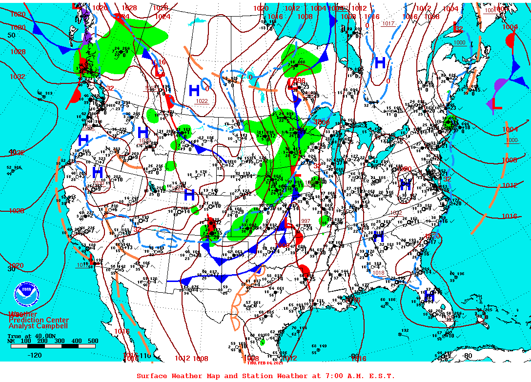 Daily 7:00 AM E.S.T. Surface Map and Station Weather