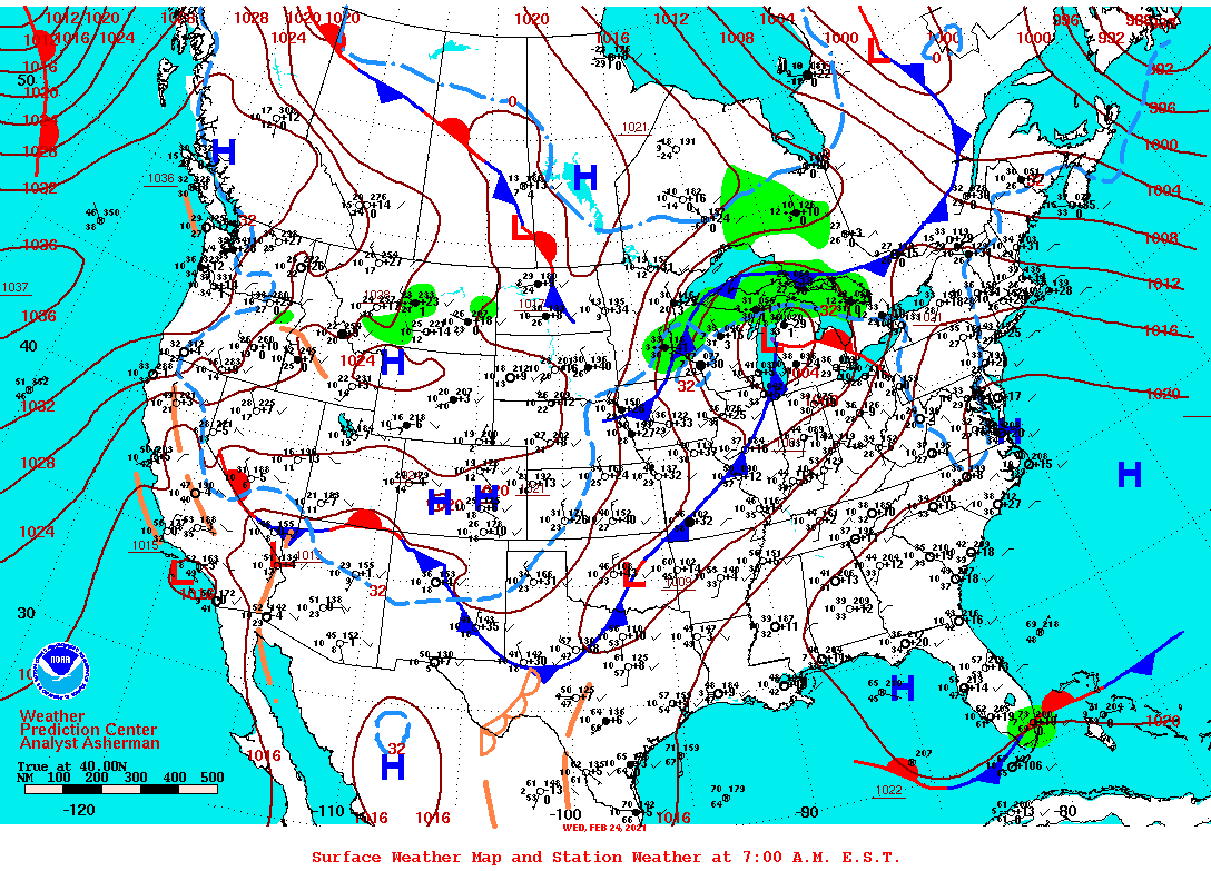 Daily 7:00 AM E.S.T. Surface Map and Station Weather