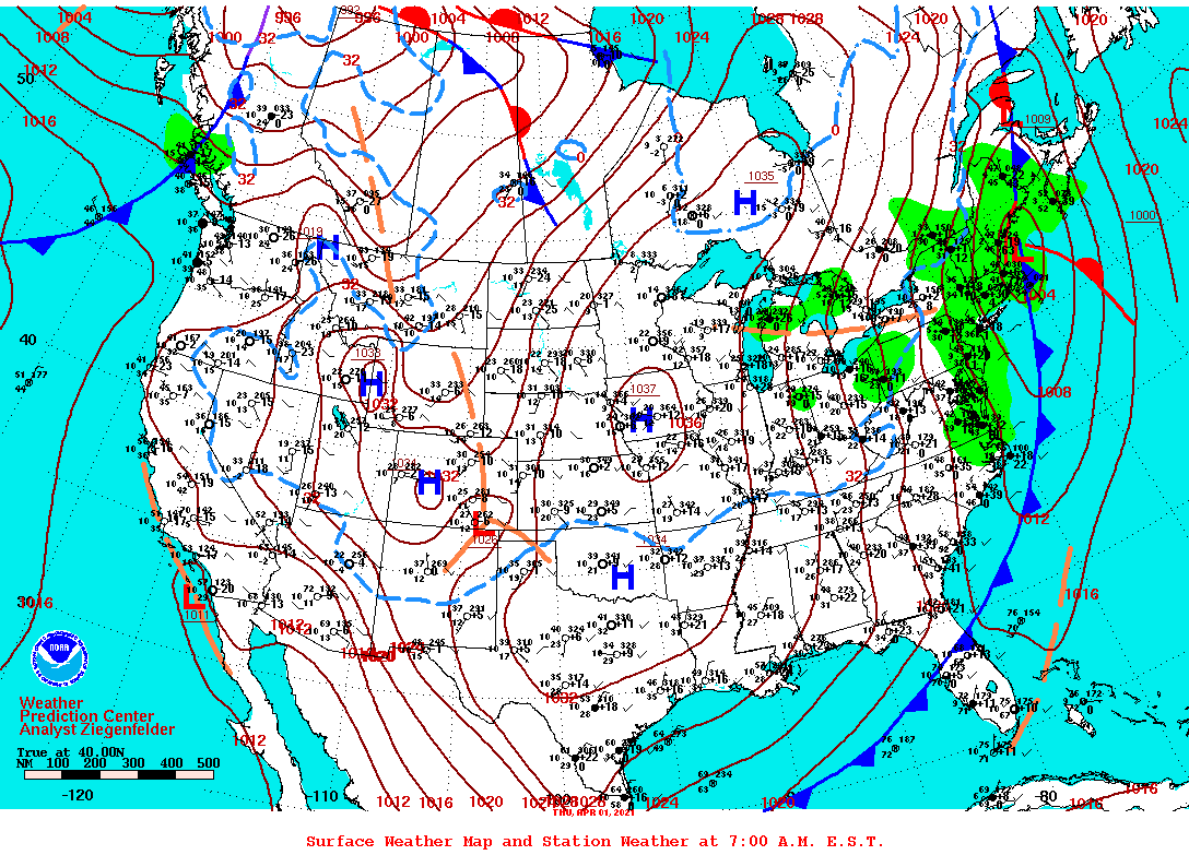 Daily 7:00 AM E.S.T. Surface Map and Station Weather