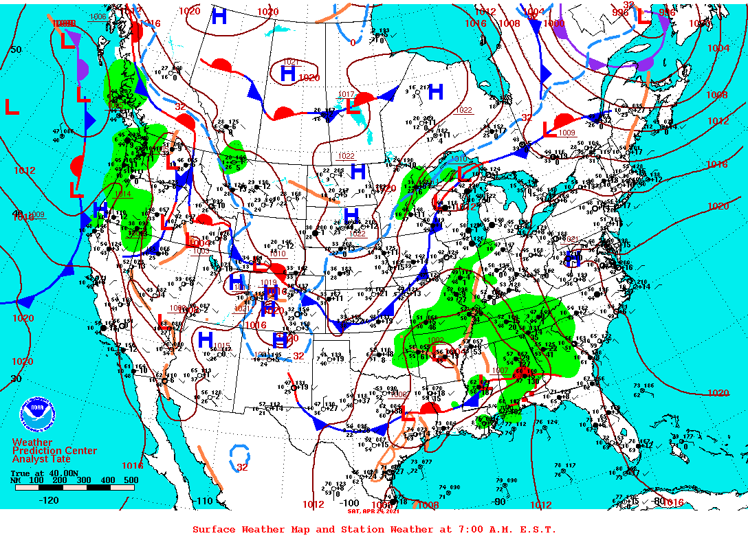 Daily 7:00 AM E.S.T. Surface Map and Station Weather