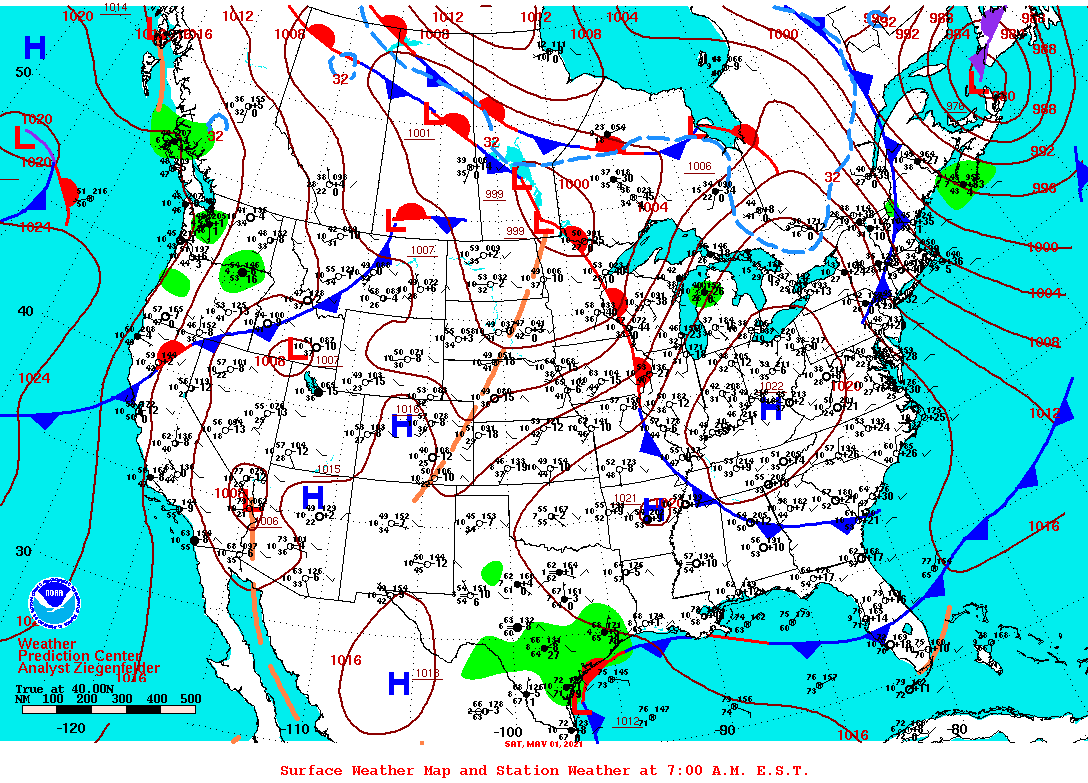 Daily 7:00 AM E.S.T. Surface Map and Station Weather