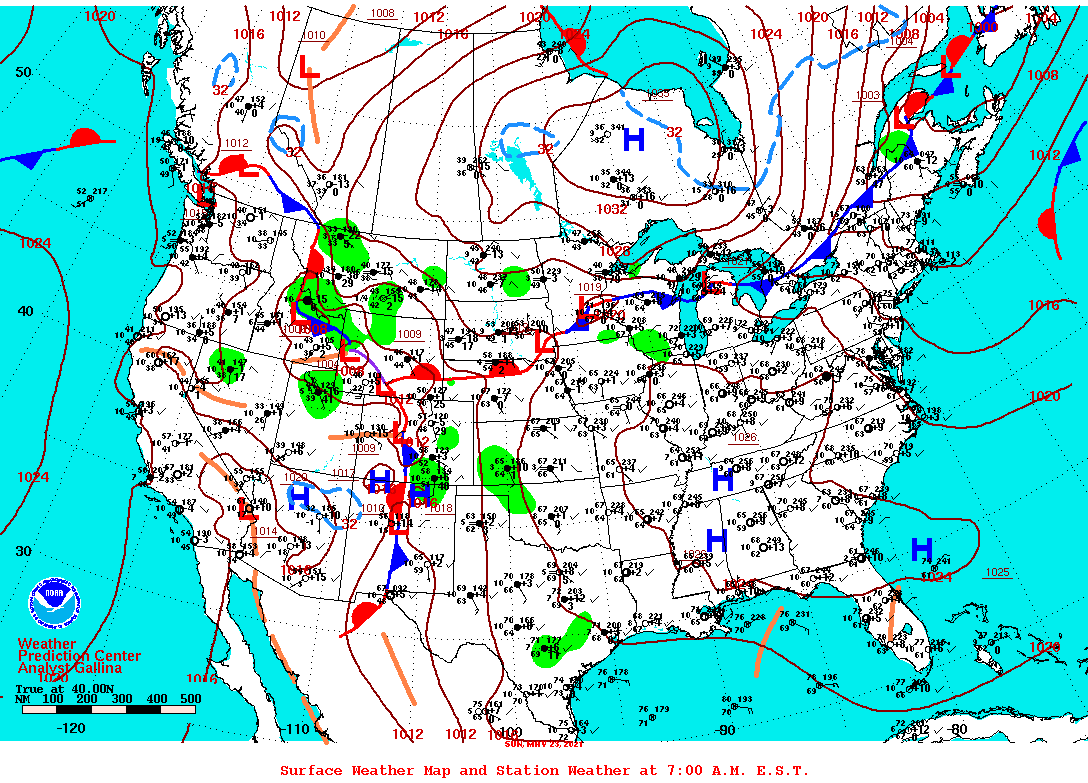 Daily 7:00 AM E.S.T. Surface Map and Station Weather