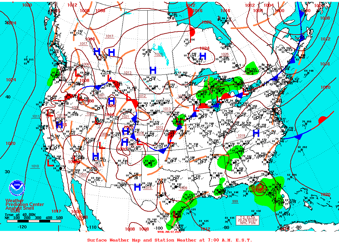 Daily 7:00 AM E.S.T. Surface Map and Station Weather