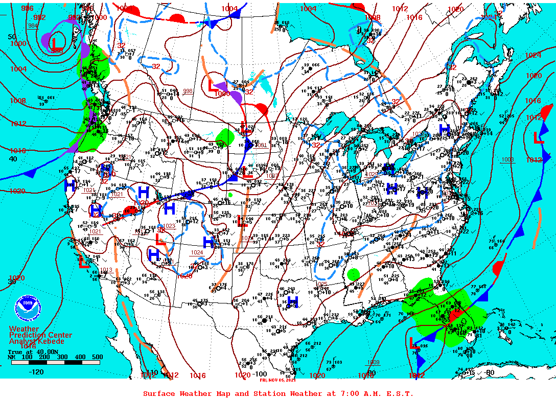 Daily 7:00 AM E.S.T. Surface Map and Station Weather