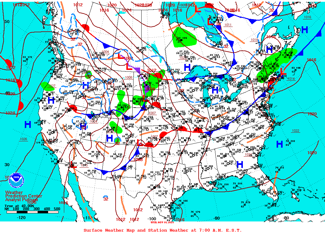 Daily 7:00 AM E.S.T. Surface Map and Station Weather