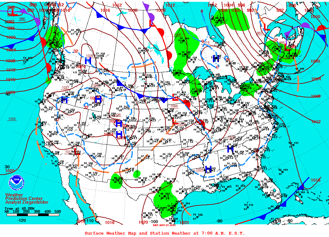 Daily 7:00 AM E.S.T. Surface Map and Station Weather