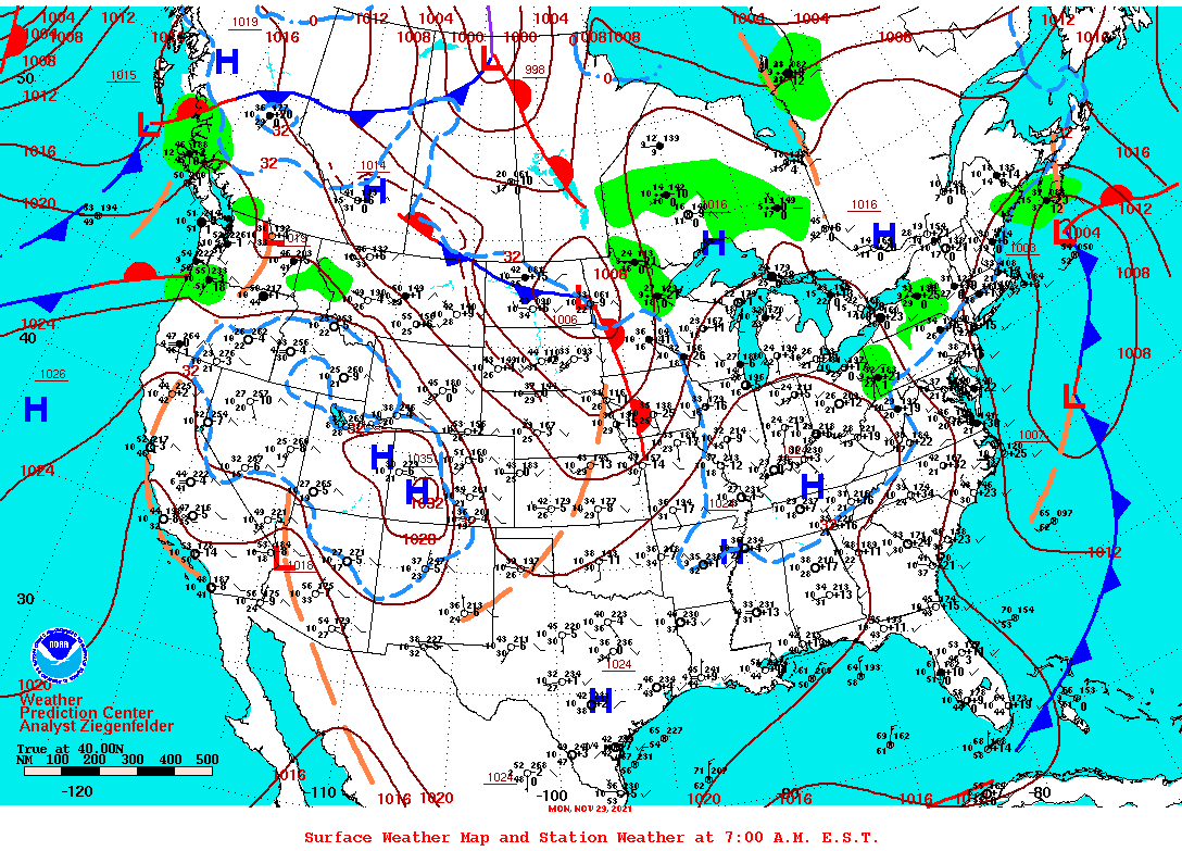 Daily 7:00 AM E.S.T. Surface Map and Station Weather