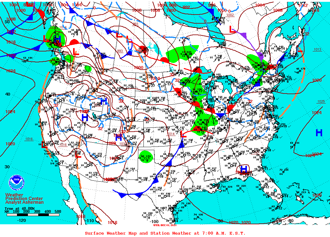 Daily 7:00 AM E.S.T. Surface Map and Station Weather
