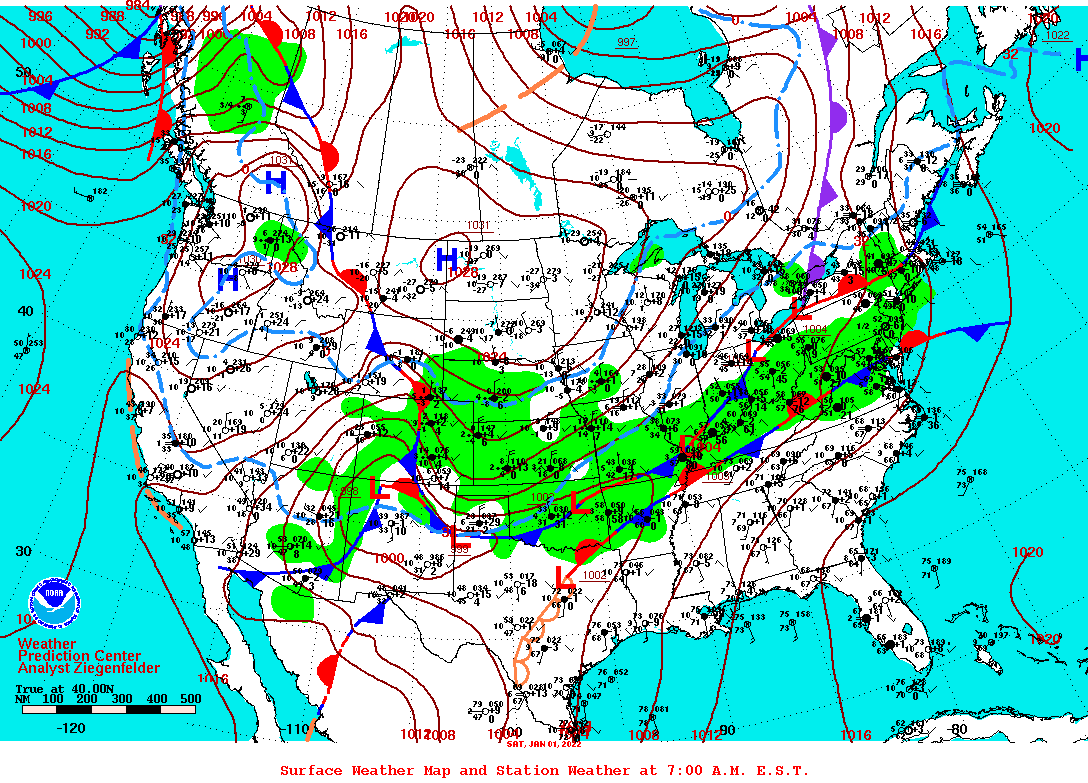 Daily 7:00 AM E.S.T. Surface Map and Station Weather