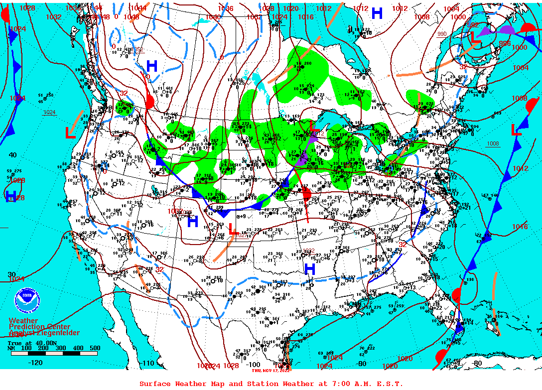 Daily 7:00 AM E.S.T. Surface Map and Station Weather