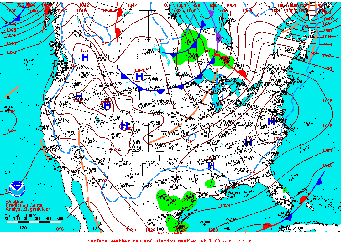 Daily 7:00 AM E.S.T. Surface Map and Station Weather