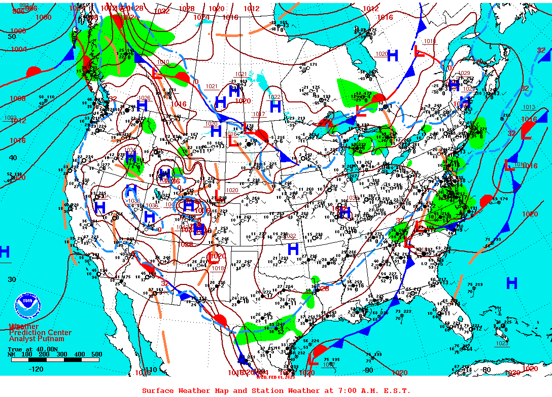 Daily 7:00 AM E.S.T. Surface Map and Station Weather