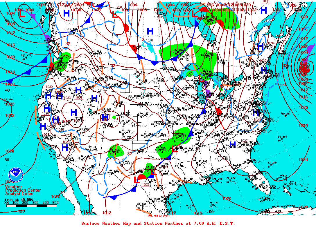Daily 7:00 AM E.S.T. Surface Map and Station Weather