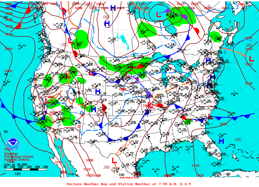 Daily 7:00 AM E.S.T. Surface Map and Station Weather