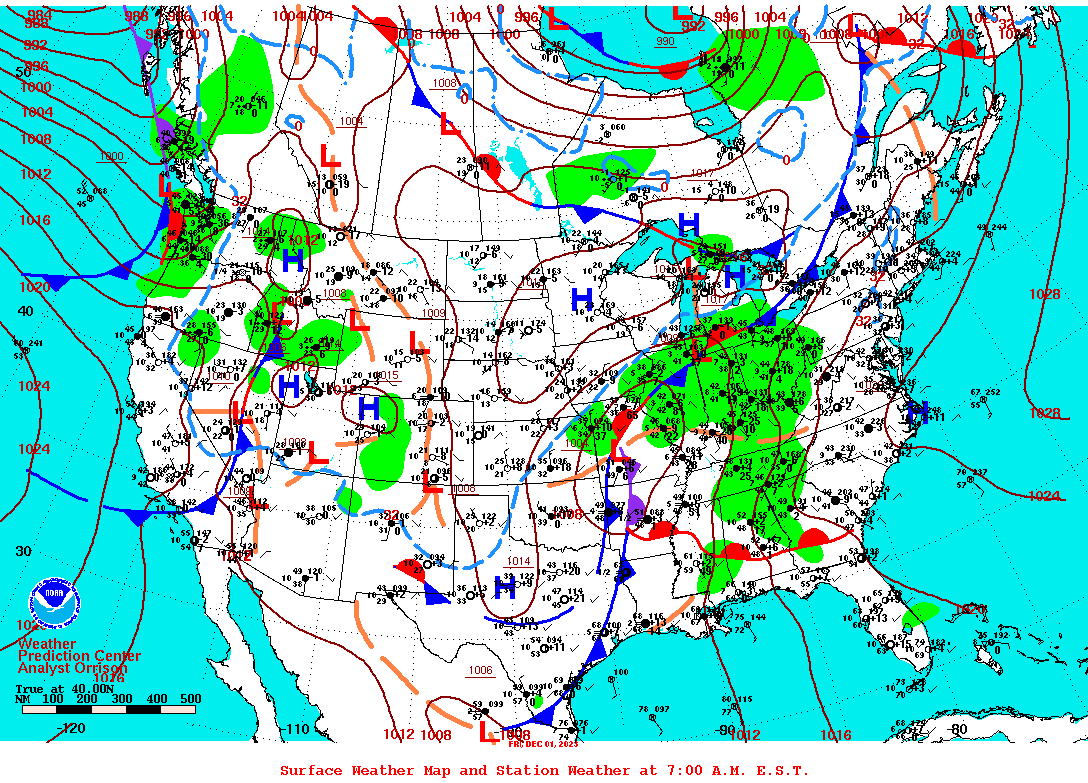 Daily 7:00 AM E.S.T. Surface Map and Station Weather