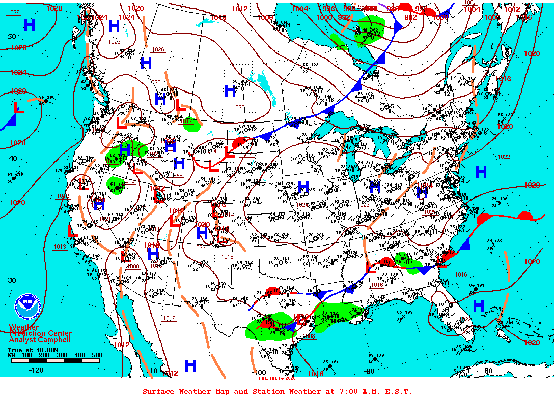 Daily 7:00 AM E.S.T. Surface Map and Station Weather
