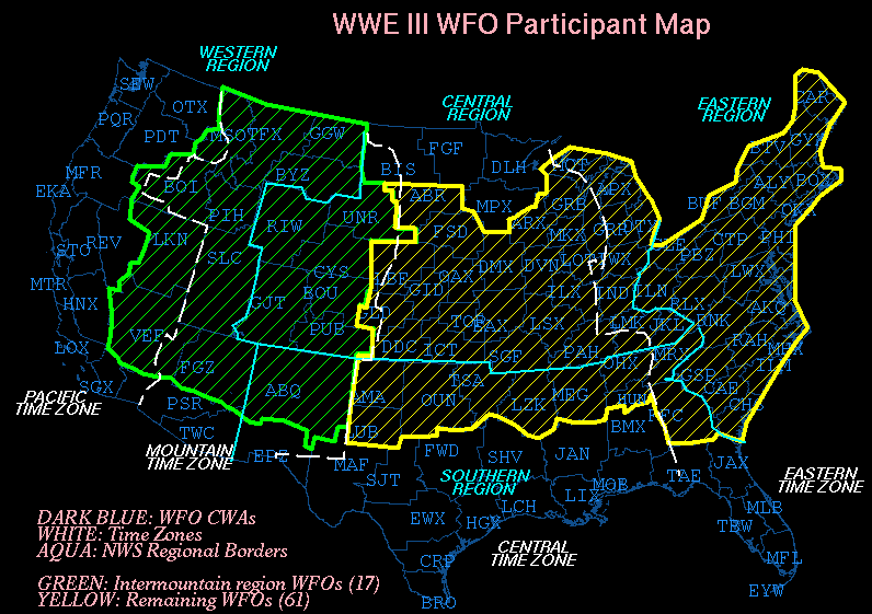 Figure 2.    Map showing offices participating in Winter
Weather Experiment 3 (2003 - 2004).