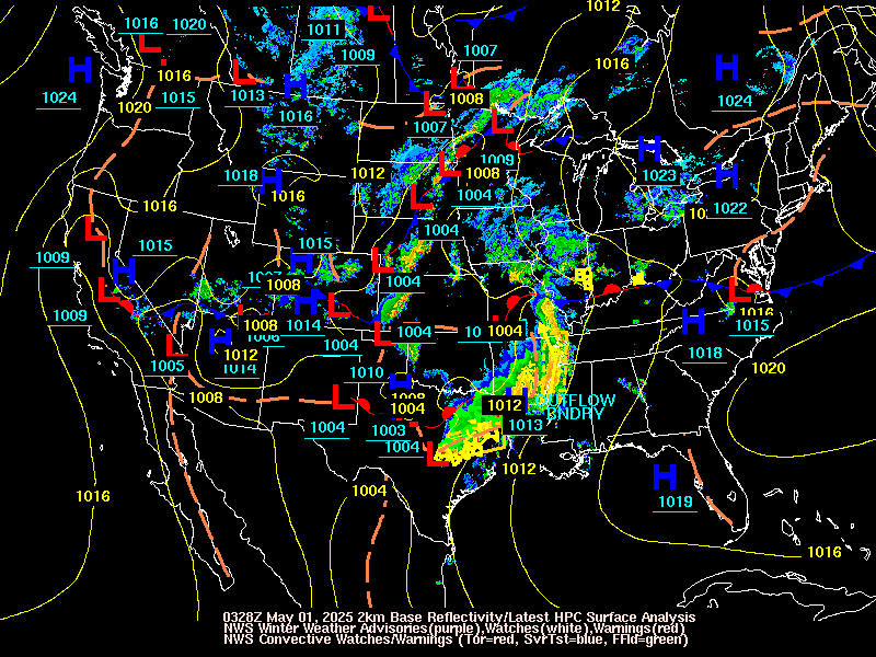 24-hour loop of winter weather watches/warnings, surface analysis, and radar