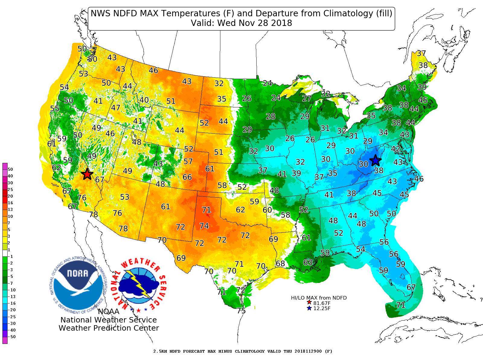 NWS NDFD Max/Min Temperatures and Departure from Normal