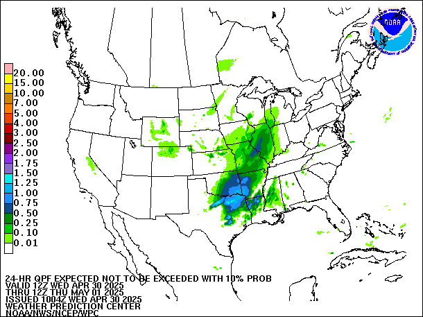 24-Hour 10th
                     Percentile QPF valid 12Z May 1, 2025