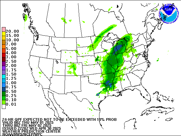 24-Hour 10th
                     Percentile QPF valid 00Z May 2, 2025