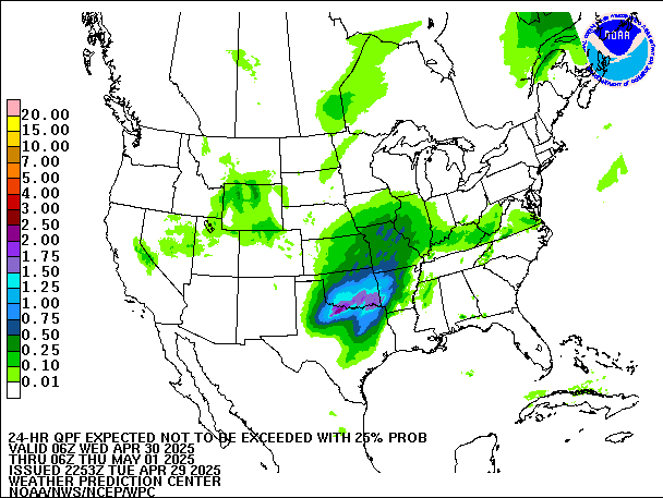 24-Hour 25th
                     Percentile QPF valid 06Z May 1, 2025