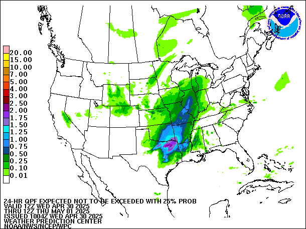 24-Hour 25th
                     Percentile QPF valid 12Z May 1, 2025