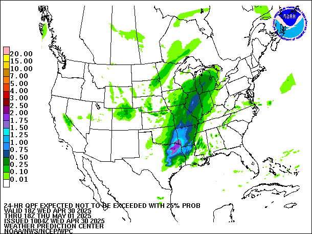 24-Hour 25th
                     Percentile QPF valid 18Z May 1, 2025