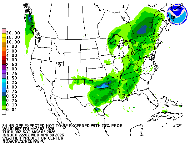 24-Hour 25th
                     Percentile QPF valid 00Z May 3, 2025